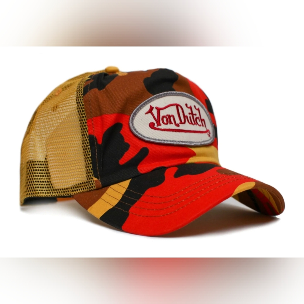 Von Dutch Orange Camo Trucker Hat Vintage Y2K 2000s Camouflage Snapback Cap RARE